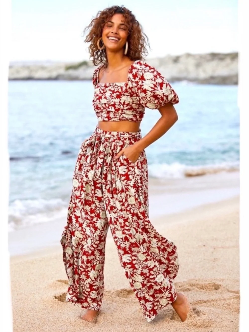 Free People FP Movement Sunday Floral Wide-Leg Crop Top & Pants Set - Red